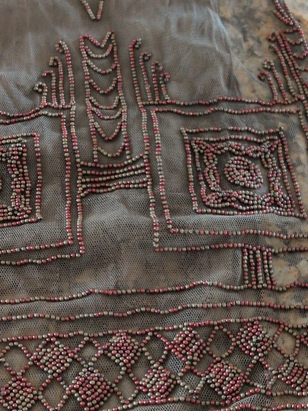 Beaded Embroidered Sheer Scarf in Olive with Pink Accents - Picture 2 of 3